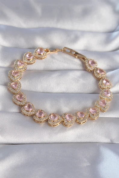 Vip Seri Pirinç Gold Renk Pembe Zirkon Taşlı Tasarımlı Bileklik ürün görseli 1