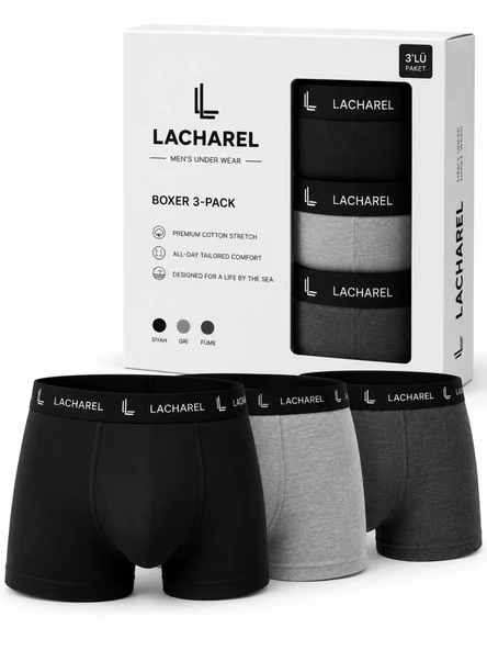 Erkek Likralı Pamuklu Nefes Alan Penye Boxer 3'lü Paket - Siyah - Gri - Füme ürün görseli 1