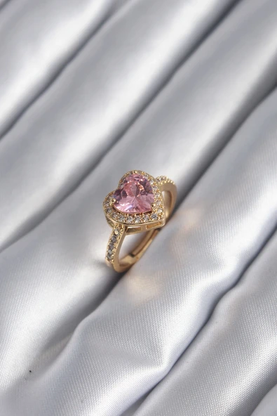 Pirinç Gold Renk Pembe Zirkon Taşlı Charm Model Kadın Yüzük ürün görseli 1