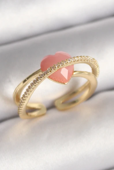 Pirinç Gold Renk Pembe Kristal Model Zirkon Taş Detaylı Kadın Yüzük ürün görseli 1