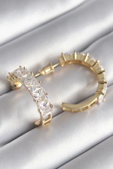 Pirinç Gold Renk Zirkon Taşlı Halka Model Kadın Küpe ürün görseli 1