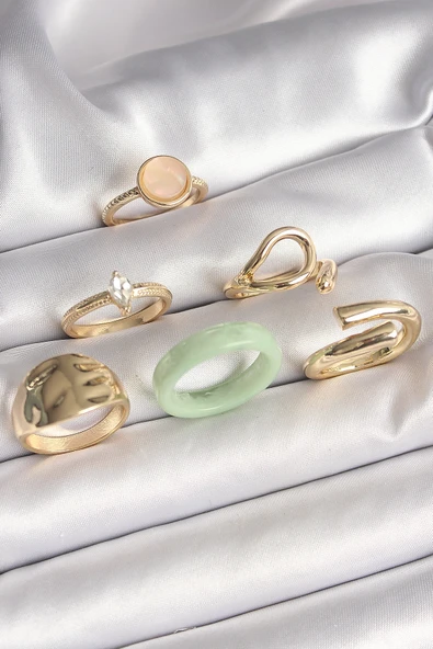 Pirinç Gold Renk Zirkon Taşlı Daire Pembe Mineli Detay 6'Lı Kadın Yüzük Seti ürün görseli 1