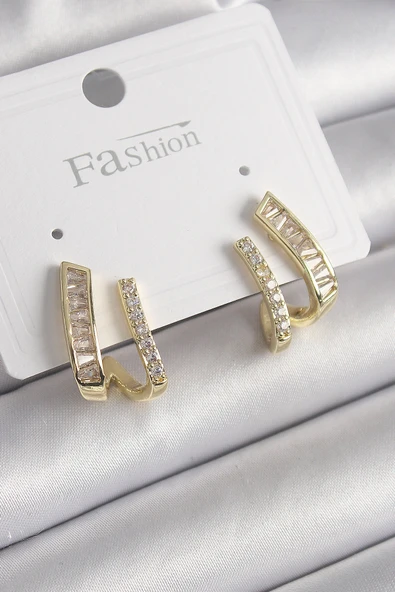 Pirinç Gold Renk Zirkon Taşlı Kadın Küpe ürün görseli 1