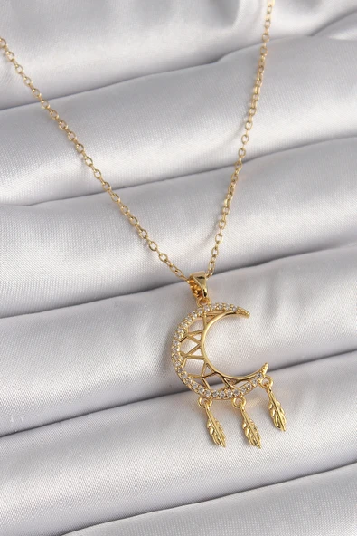 316L Çelik Gold Renk Zincir Zirkon Taşlı Hilal Model Sallantı Yaprak Detay Kadın Kolye ürün görseli 1