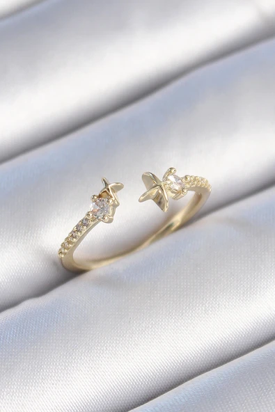 Pirinç Gold Renk Zirkon Taş Detay Yıldız Model Kadın Yüzük ürün görseli 1