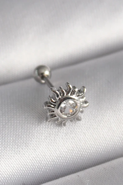 316L Çelik Gümüş Renk Zirkon Taşlı Güneş Tragus Piercing ürün görseli 1
