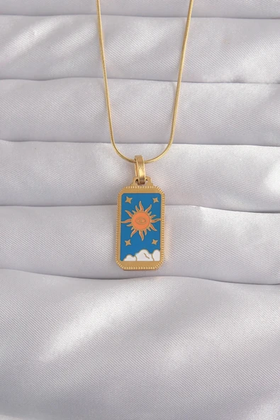 316L Çelik Gold Renk Mineli Güneş Model Tarot Kolye ürün görseli 1
