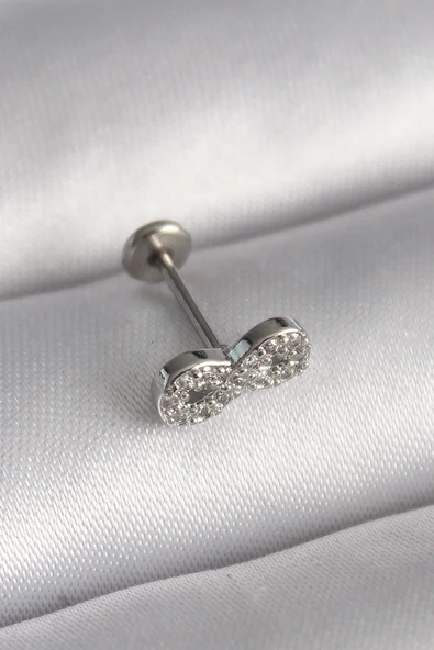 316L Çelik Gümüş Renk Zirkon Taşlı Sonsuzluk Model Tragus Piercing ürün görseli 1