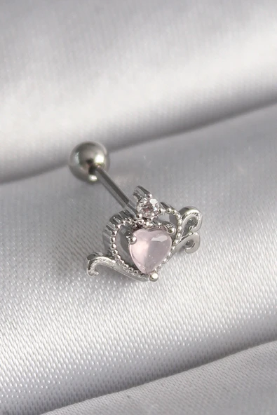 316L Çelik Gümüş Renk Pembe Mineli Zirkon Taş Detay Tragus Piercing ürün görseli 1