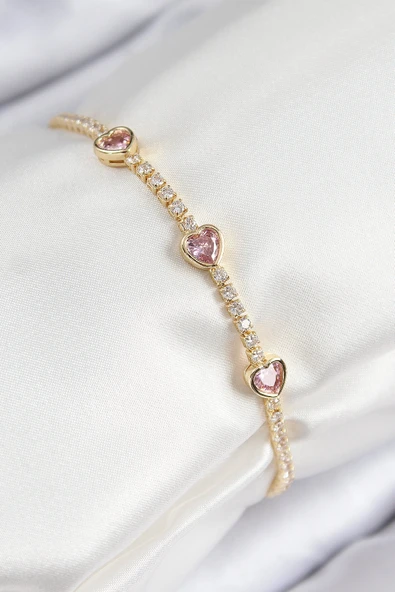 Pirinç Zirkon Taşlı Pembe Model Gold Renk Kadın Bileklik ürün görseli 1