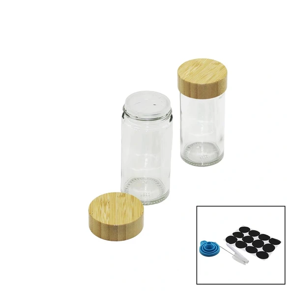 12 Pcs Takim Yuvarlak Cam Baharatlik - Tuzluk Bambu Kapakli (5047) ürün görseli 1