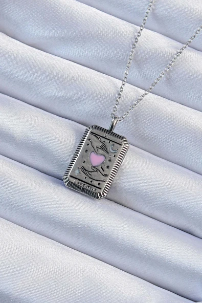 316L Çelik Zincir Eskitme Gümüş Renk Pembe Mineli Figürlü Tarot Kolye ürün görseli 1