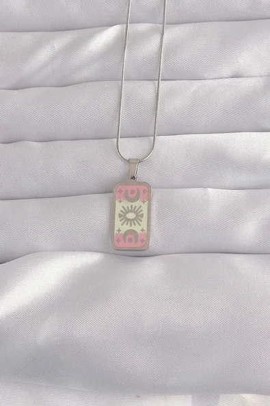 316L Çelik Gümüş Renk Pembe Mineli Ay Figür Tarot Kolye ürün görseli 1