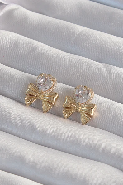 Pirinç Gold Renk Zirkon Taşlı Model Fiyonk Küpe ürün görseli 1