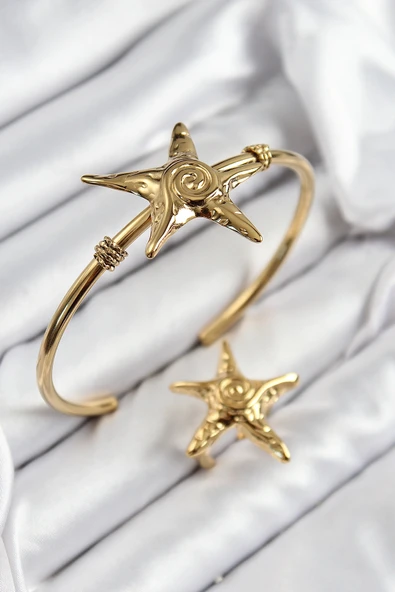 Pirinç Deniz Yıldızı Model Gold Renk Bileklik Yüzük Set ürün görseli 1