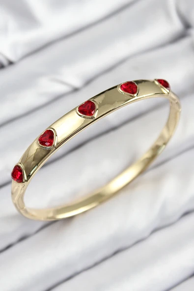 Pirinç Zirkon Taşlı Kırmızı Model Gold Renk Kadın Kelepçe ürün görseli 1