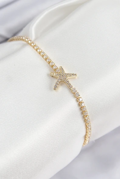 Pirinç Zirkon Taşlı Deniz Yıldızı Model Gold Renk Kadın Bileklik ürün görseli 1