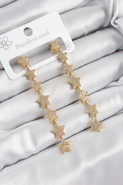 Pirinç Zirkon Taşlı Sallantılı Yıldız Model Gold Renk Kadın Küpe ürün görseli 1