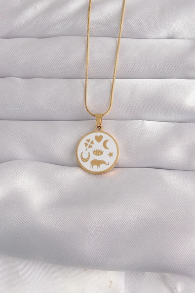 316L Çelik Gold Renk Beyaz Mineli Karışık Figürlü Tarot Kolye ürün görseli 1