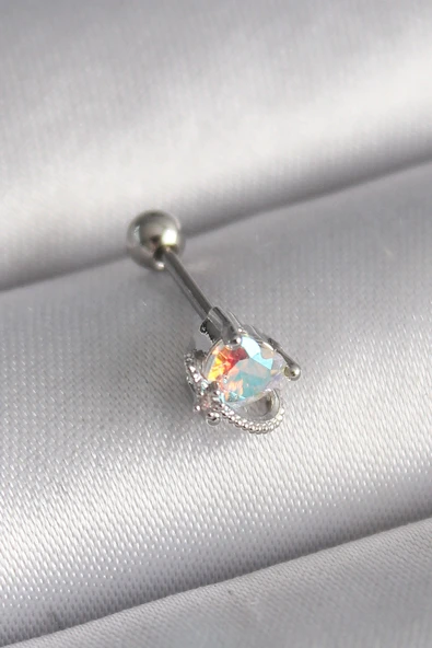 316L Çelik Gümüş Renk Zirkon Taşlı Tragus Piercing ürün görseli 1