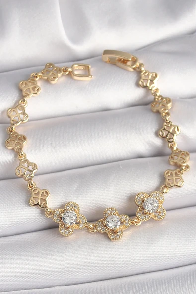 Pirinç Gold Renk Zirkon Taşlı Yonca Model Kadın Bileklik ürün görseli 1