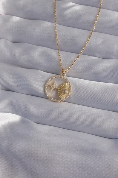 316L Çelik Zincir Gold Renk Zirkon Taşlı Yıldız Figürlü Oval Kolye ürün görseli 1