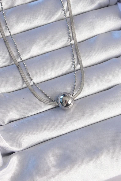 316L Çelik Çift Zincirli Gümüş Renk Topçuk İtalyan Model Kolye ürün görseli 1