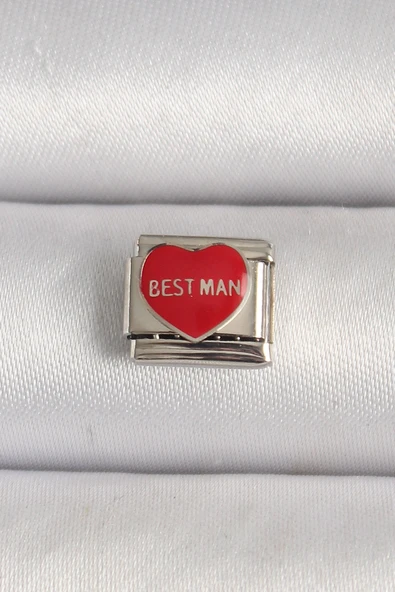 316L Çelik Gümüş Renk 'Best Man' Yazılı Kırmızı İşlemeli Nomination Charm ürün görseli 1