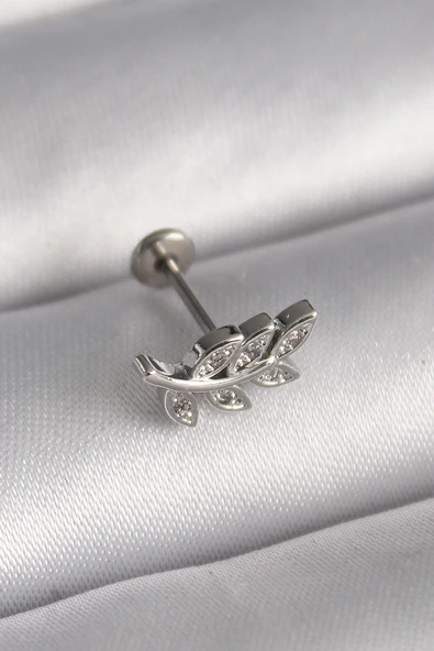 316L Çelik Gümüş Renk Dal Model Zirkon Taş Detaylı Tragus Piercing ürün görseli 1
