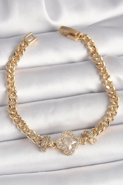 Pirinç Gold Renk Zirkon Taşlı Yonca Figür Zincir Model Kadın Bileklik ürün görseli 1