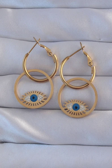 316L Çelik Gold Renk Zirkon Taşlı Göz Tasarımlı Halka Küpe ürün görseli 1