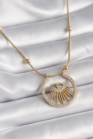 316L Çelik Gold Renk Zirkon Taşlı Göz Model Kadın Kolye ürün görseli 1