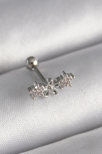 316L Çelik Gümüş Renk Zirkon Taşlı Çiçek Tragus Piercing ürün görseli 1