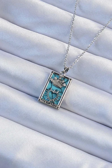 316L Çelik Zincir Gümüş Renk Zirkon Taşlı Mermer Desenli Taç Model Tarot Kolye ürün görseli 1
