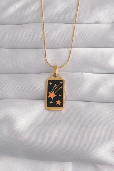 316L Çelik Gold Renk Siyah Mineli Yıldız Figür Tarot Kolye ürün görseli 1