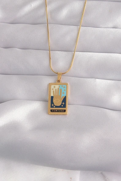 316L Çelik Gold Renk Karışık Mineli El Figür Tarot Kolye ürün görseli 1