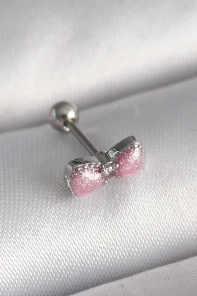 316L Çelik Gümüş Renk Pembe Kurdele Zirkon Taş Detay Tragus Piercing ürün görseli 1