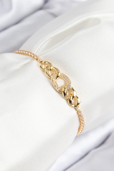 Pirinç Zirkon Taşlı Zincir Model Gold Renk Asansörlü Kadın Bileklik ürün görseli 1