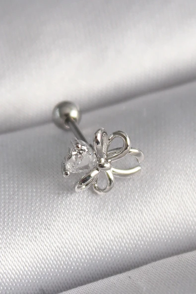 316L Çelik Gümüş Renk Zirkon Taş Detay Kurdele Model Tragus Piercing ürün görseli 1