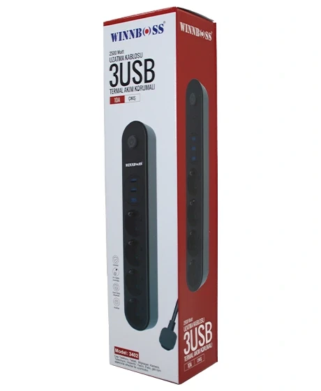 Termal Akim Korumali 4Lü Pri̇z 3Xusb 2Mt Anahtarli Uzatma Kablo Si̇yah 10A - 2500W (5047) ürün görseli 1