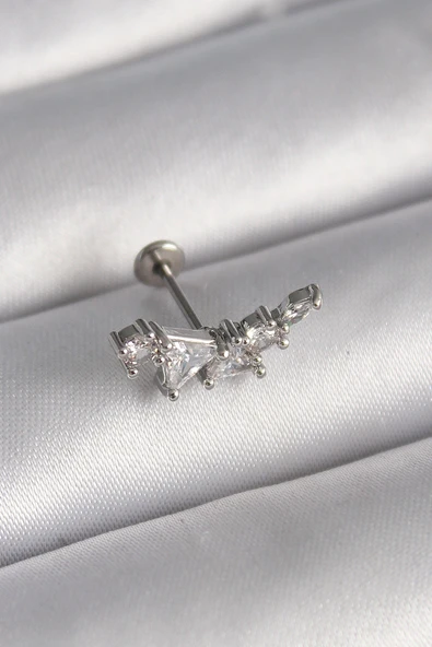 316L Çelik Gümüş Renk Zirkon Taşlı Tragus Piercing ürün görseli 1