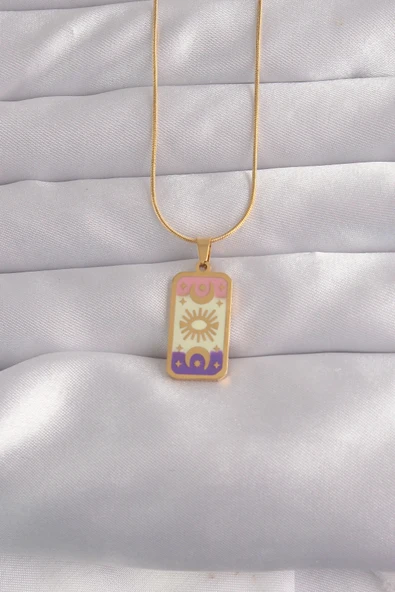 316L Çelik Gold Renk Karışık Mineli Ay Figür Tarot Kolye ürün görseli 1