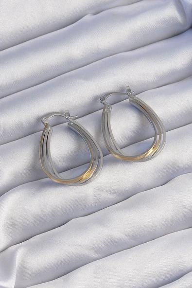 Pirinç Gold Gümüş Renkli Oval Çoklu Görünümlü Küpe ürün görseli 1