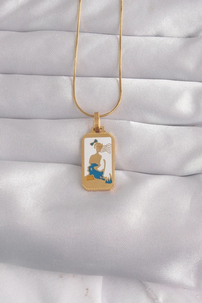 316L Çelik Gold Renk Beyaz Mineli Kız Figür Tarot Kolye ürün görseli 1