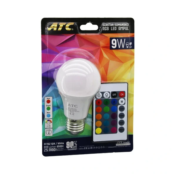 Atc-Rgb-9W Kumandali 9W=60W Rgb=16-Renkli̇ Led Ampul E27 800 Lümen 6500K 25.000 Saat Ömür (5047) ürün görseli 1