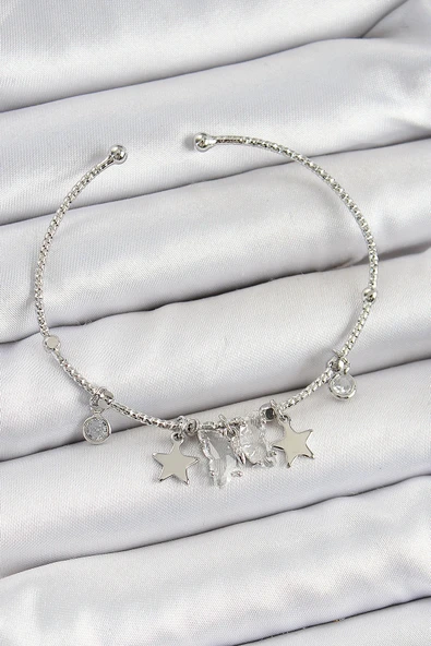 Pirinç Zirkon Taşlı Yıldız Model Gümüş Renk Charm Bileklik ürün görseli 1