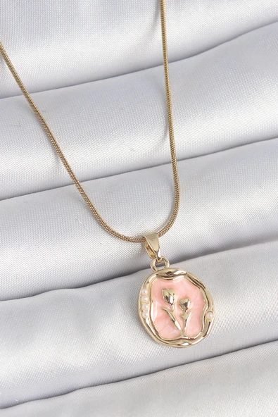 316L Çelik Gold Renk Zincir Pembe Mineli Çiçek İşlemeli Portre Model Kadın Kolye ürün görseli 1