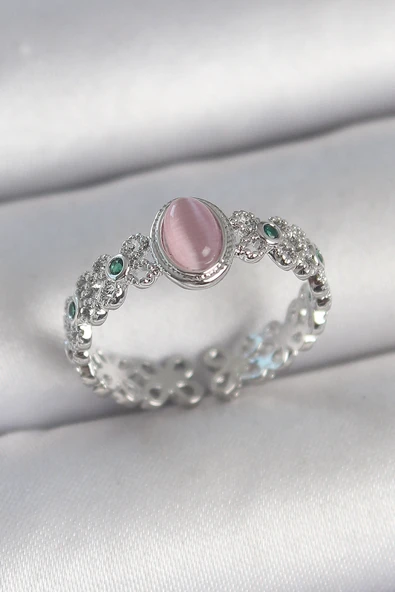 Pirinç Gümüş Renk Zirkon Taş Detaylı Pembe Mineli Damla Model Ayarlanabilir Kadın Yüzük ürün görseli 1