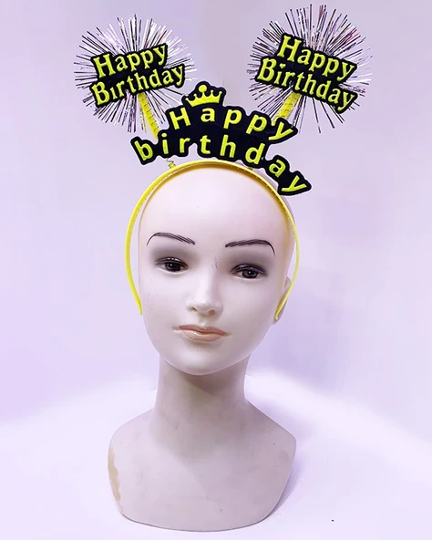Happy Birthday Püsküllü Neon Sarı Renk Doğum Günü Tacı 22X19 Cm (5047) ürün görseli 1