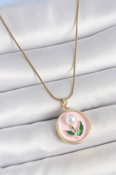 316L Çelik Gold Renk Zincir Pembe Mineli İncili Çiçek İşlemeli Portre Model Kadın Kolye ürün görseli 1